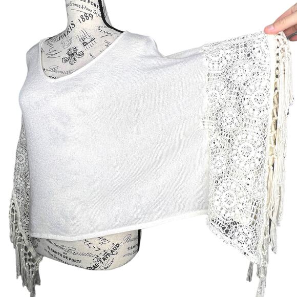 Hollister (OS) Cream Lace Tassel Fringe Sleeve Loose Fit Knit Poncho Top - Picture 8 of 12